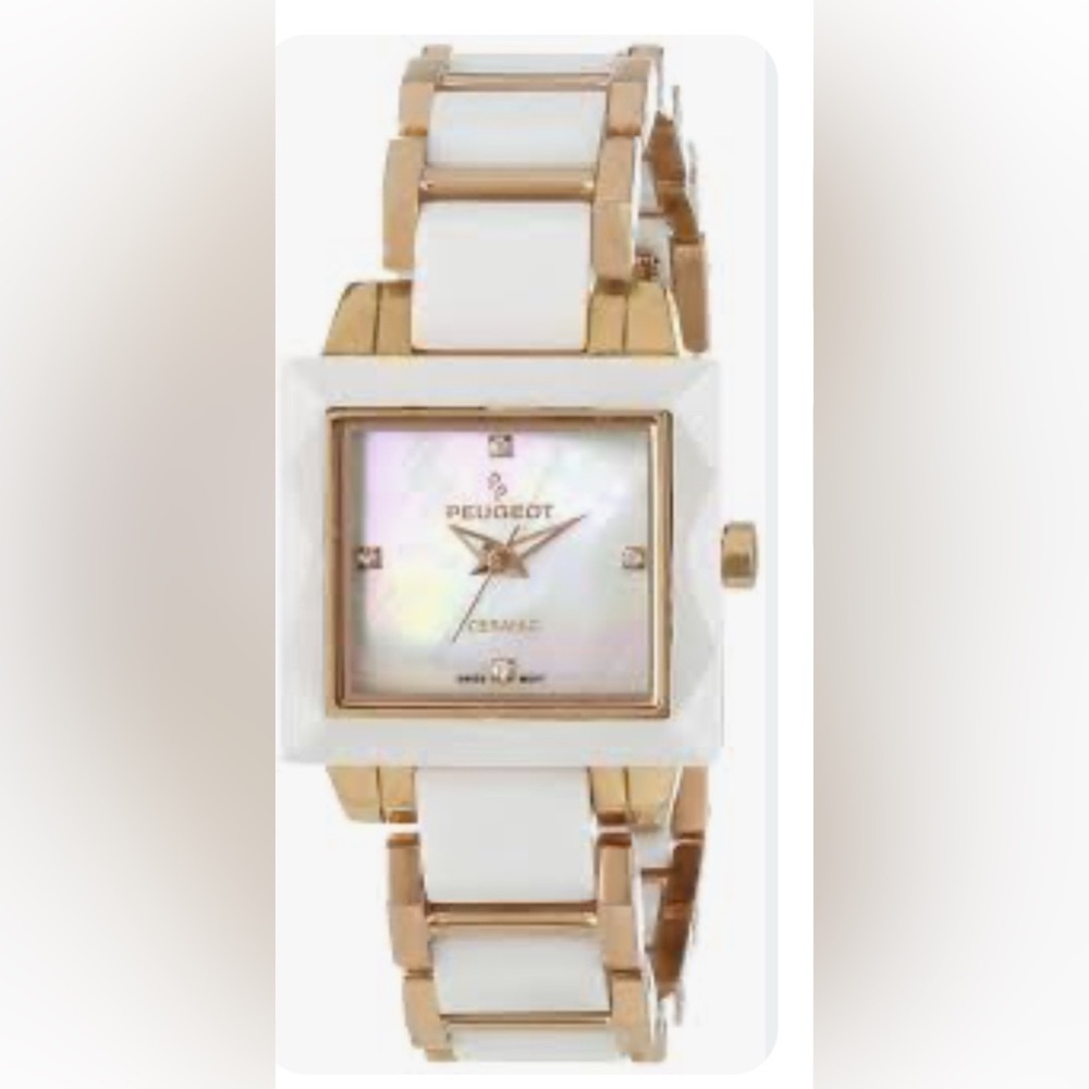 Peugeot ceramic watch square mother-of-pearl dial Swiss quartz movement.